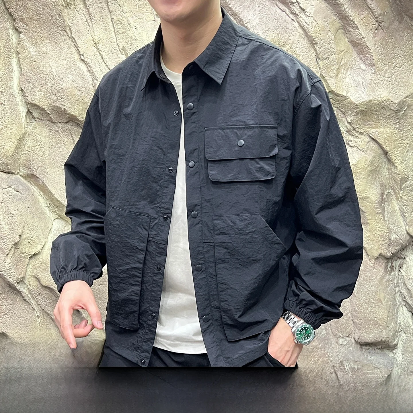 

Lightweight Casual Men's Workwear irt Jaet Pleated Windproof Breathable Outdoor Thin Outerwear Autumn 2025 Stand Fit