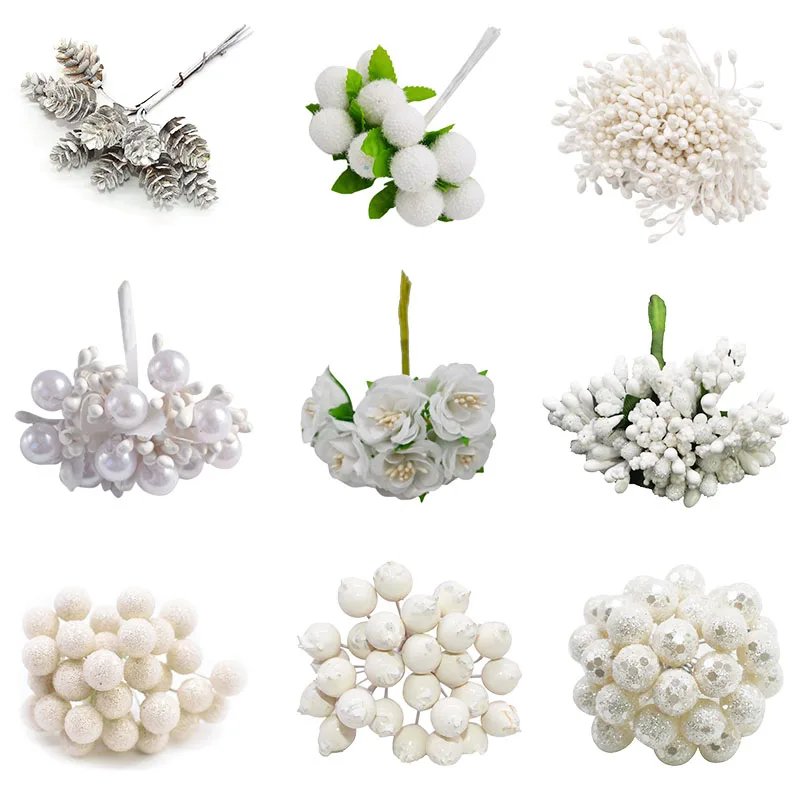 White Theme Artificial Flower Cherry Stamen Berries Bundle DIY Christmas Decoration Wedding Cake Gift Box Wreaths Xmas Decor