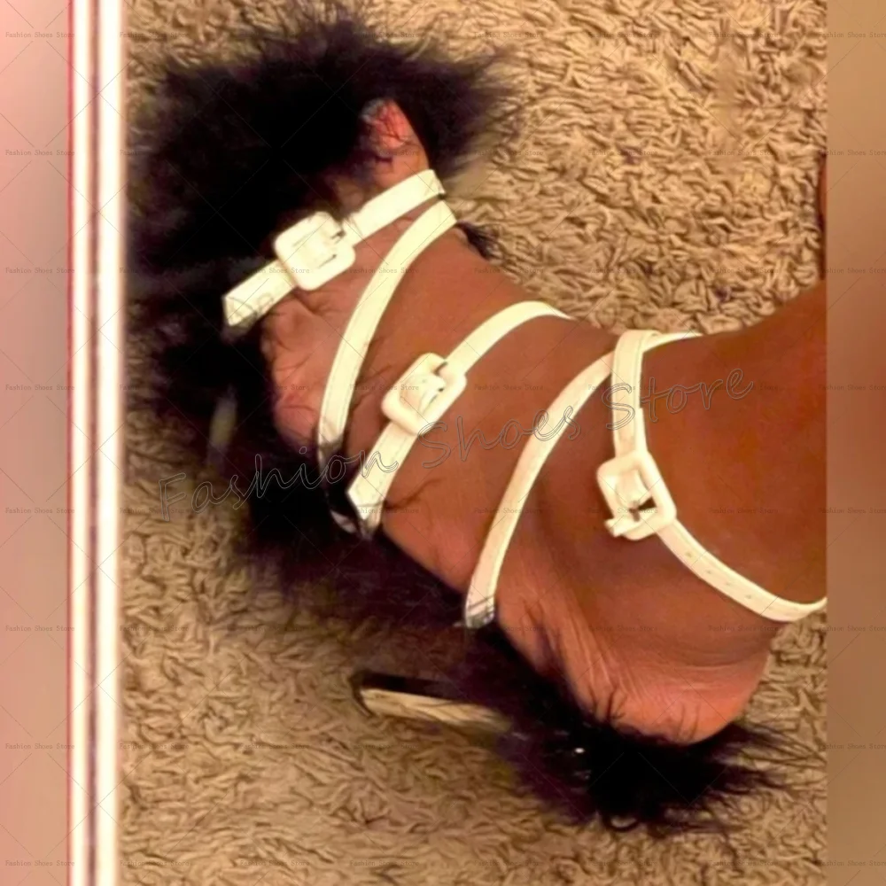 ขนสัตว์สีดําตกแต่งสายรัดข้อเท้ารองเท้าแตะเปิดนิ้วเท้ารองเท้าส้นสูงรองเท้าส้นสูงรองเท้าส้นสูงรองเท้าสําหรับสตรีรองเท้าส้นสูง 2025 ใหม่ Zapatos Para Mujere