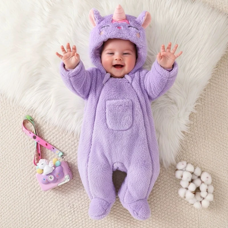 Cute Purple Unicorn Hooded Fleece Baby Romper Jumpsuit Newborn Infant Toddler Cosplay Costume Outfit Winter Warm Soft Clothes