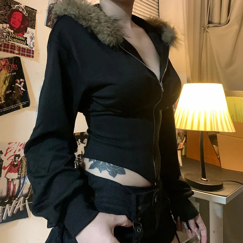 Sudadera con capucha Vintage Y2k con cremallera, sudadera con cuello de piel negra y cremallera, Sudadera con capucha con cremallera a la moda, chaquetas de otoño para mujer
