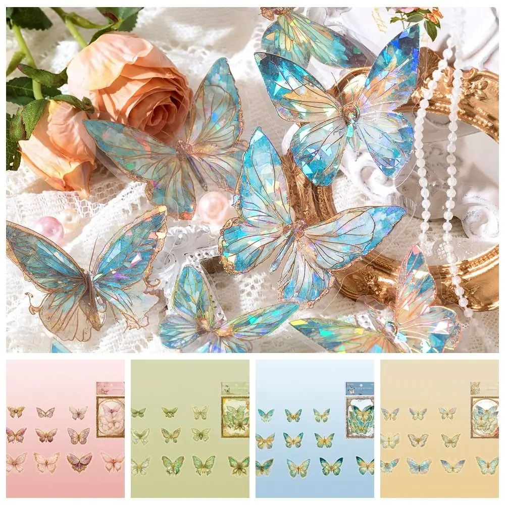 Retro DIY Crafts Ice Crystal Laser Butterfly Sticker Handmade Aesthetic Butterfly Collage Sticker Decorative PET Stationery