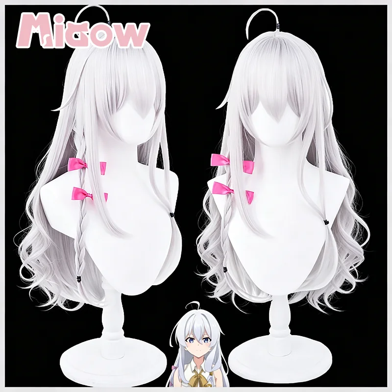 Anime 'Wandering Witch: The Journey of Elaina' Elaina Cosplay Wig  Silver White Long Wig With Detachable Pink Bows Cosplay Wig