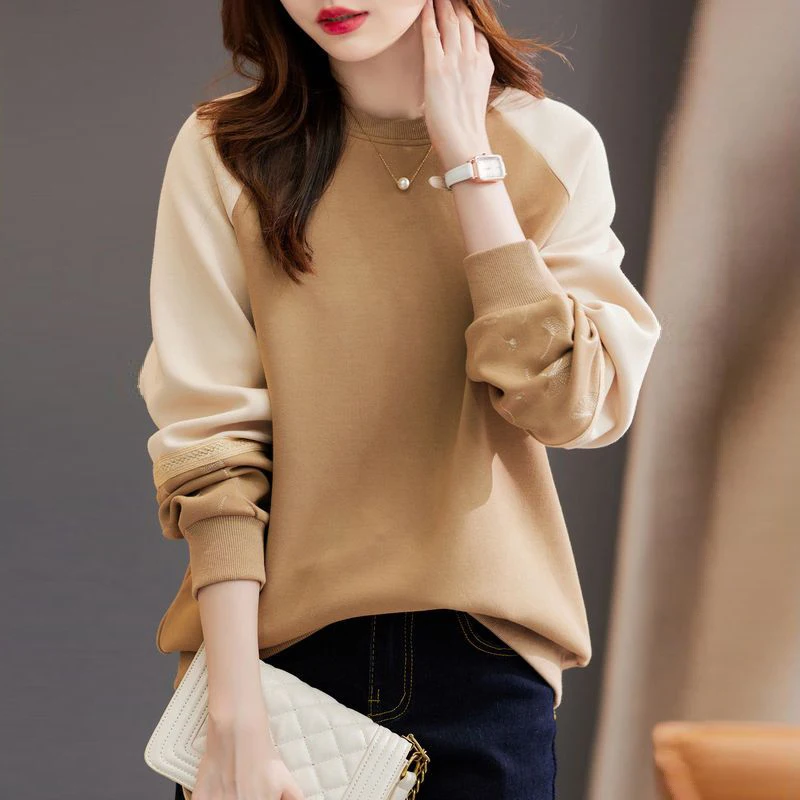 Autumn Winter O Neck Simple Patchwork Embroidery Sweatshirt Top Women Loose Casual All-match Pullover Ladies Comfortable Jumper