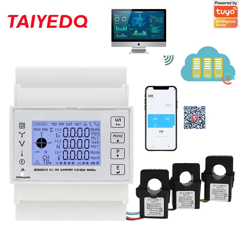 TAC4321CT Three Phase Din Rail WiFi Tuya Mutil-function Energy Meter With KCT16 Current Transformer  230/400VAC