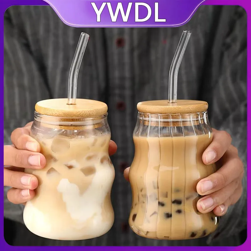 YWDL 1/2 Stück 500ml Glasbecher mit Strohhalm, Einmachglas, klarer Saft-, Kaffee- und Milchbecher mit Bambusdeckeln, Trinkgeschirr