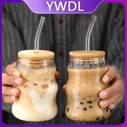 YWDL 1/2pcs 500ml Glass Tumblers Cups With Straw Mason Jar Clear Juice Coffee Milk Cup With Bamboo Lids Drinkware