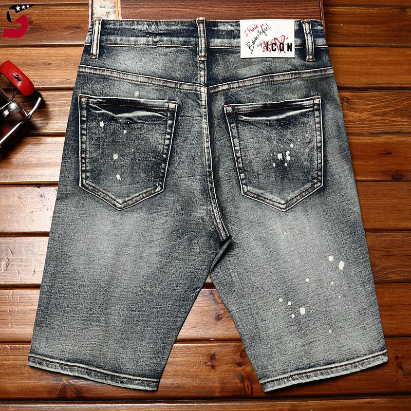 Celana pendek Denim sobek untuk pria, celana pendek bordir Retro kasual modis kelas atas musim panas