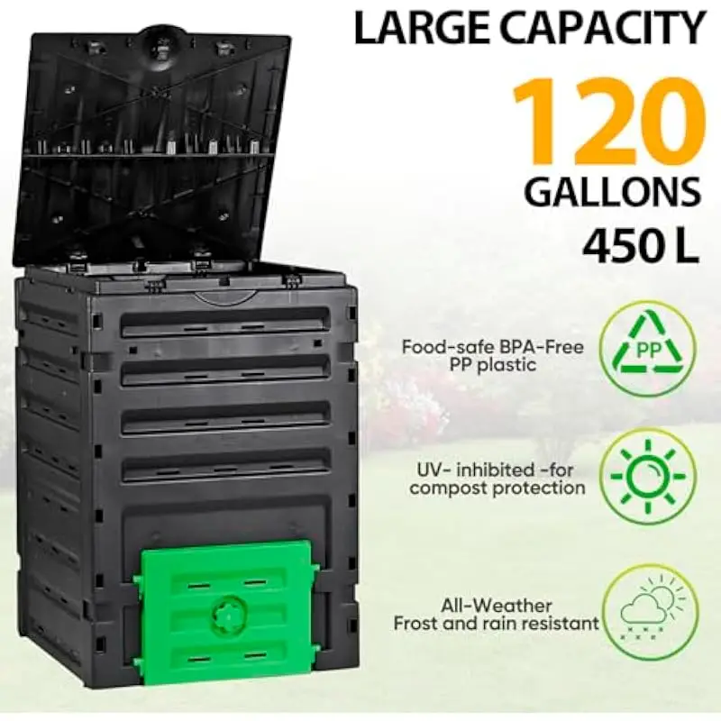 120 Gallon Outdoor Compost Bin 450L Rectangular BPA-Free PP Container with Flip Lid Bottom Access Door Efficient Aeration Vents