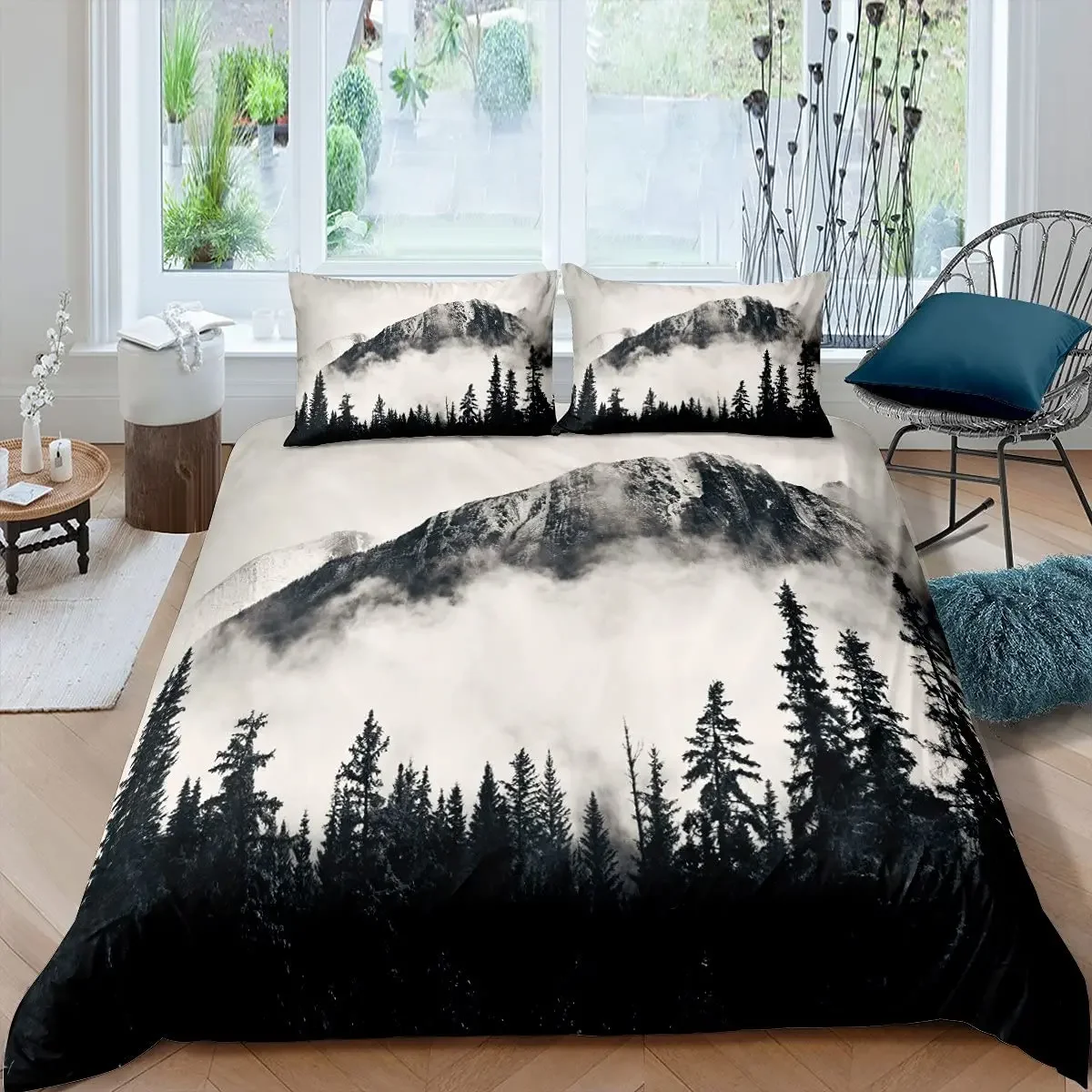 Smoky Mountain King Queen Duvet Cover Grey Fog Pine Trees Bedding Set Retro Natural Scenery Art 2/3pcs Polyester Quilt Cover