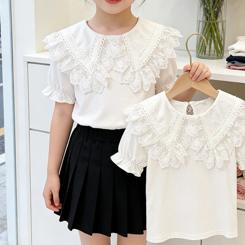 

Girls White Lace Collar Short Sleeve T-Shirt Cute Floral Print Breathable Soft Cotton Casual Loose Fit Top for Kids Daily Wear