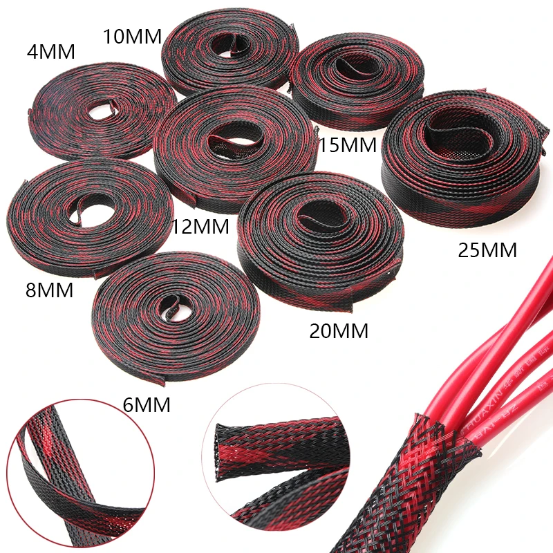 1/ 5/10M Insulation Braided Sleeves 4/6/8/10/12/15/20/25mm Tight PET Expandable Cable Sleeve Wire Cable Protection Red & Black