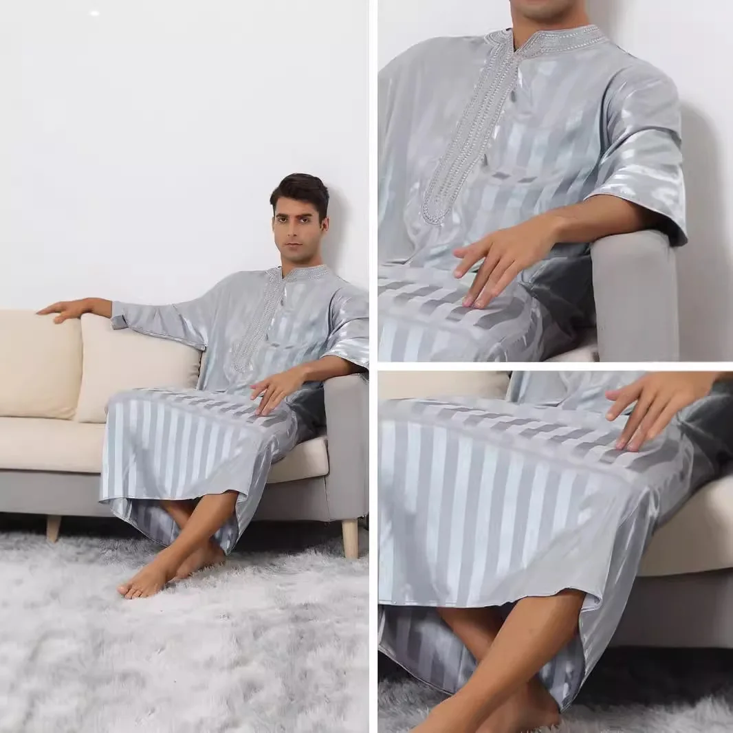 Jubah Bergaris Pakaian Dubai Maroko Baru 2024 dengan Bordir Arab Saudi di Lengan Tengah