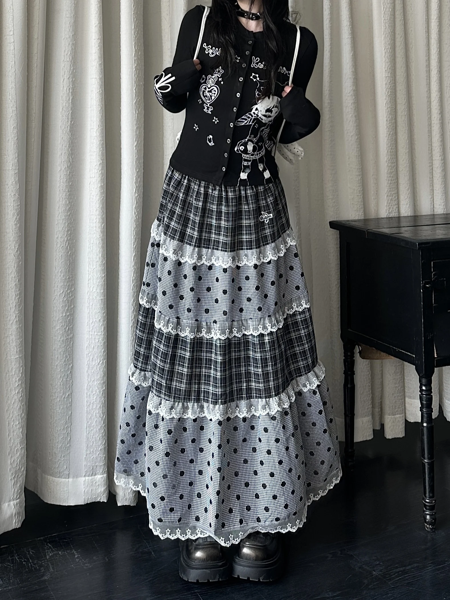 

Весенняя женская юбка-миди с высокой талией, в стиле пэчворк, с кружевом, в горошек и клетку, винтажная, милая, из полиэстера, G026