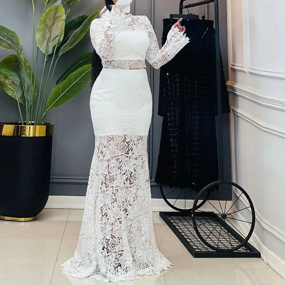 

Elegant Lace Mermaid Wedding Dresses For Brides Two Pieces Illusion Bridal Gowns African Women Vestidos Elegantes Customized