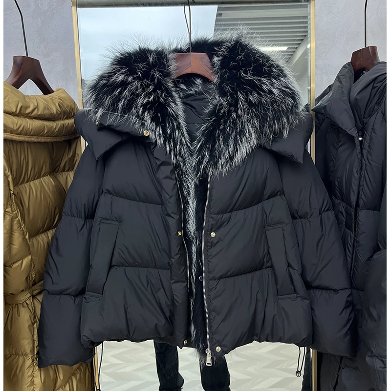 2025 New Premium  Fur Collar Hooded White Goose down Jaet Women ort Loose Thiened Outerwear Korean Sle Commute Wind