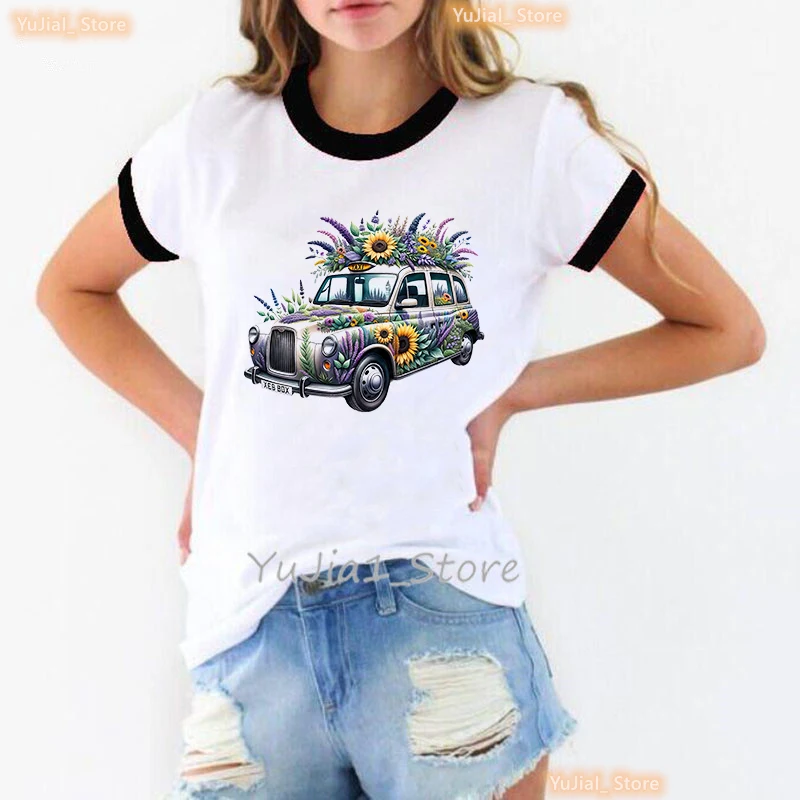 2024 Hot Sale Car Flowers Printed T Shirt Girls Summer Fashion Tshirt Women White Casual  T-Shirt Femme Harajuku Shirt