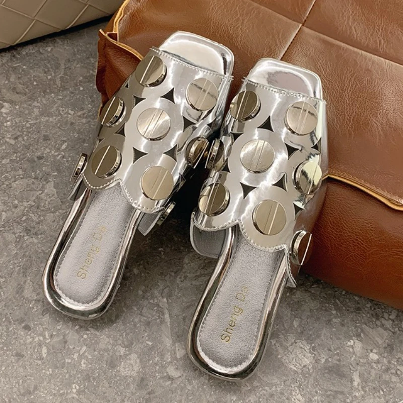 

Square Toe Women Slippers Flats Mules Shoes Summer Sandals Woman 2025 Designer Brand Slingback Flip Flops Dress Slides De Mujer