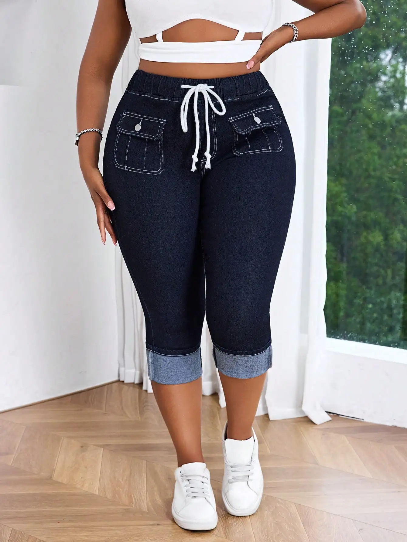 

Джинсы женские больших размеров с завязками на талии, зауженные, длиной 7/8, с отворотами и карманами, повседневная одежда