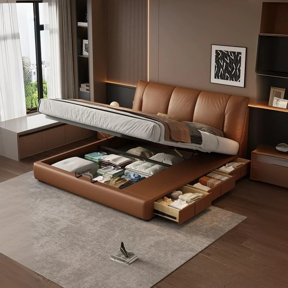 

Leather bed, high box storage , Italian minimalist master bed
