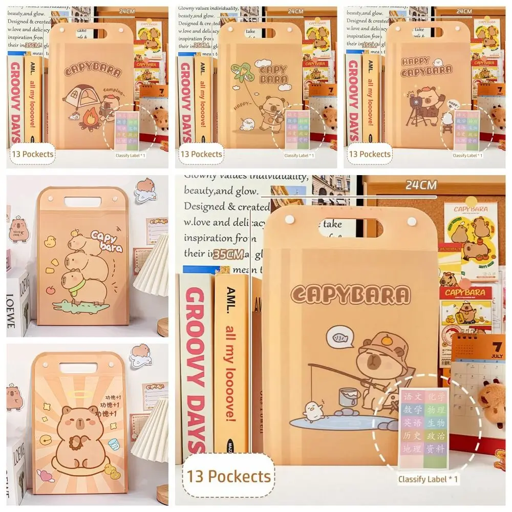 Vertical Capybara File Storage Holder Bellows bag 13 Pockets Capybara Homework Orginizer Cartoon Waterproof Capybara Storage Bag