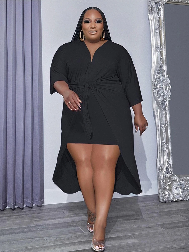 Robe courte avec cape pour femmes, tenue élégante, mode, décolleté en V profond, décontractée, grande taille, vente en gros, livraison directe