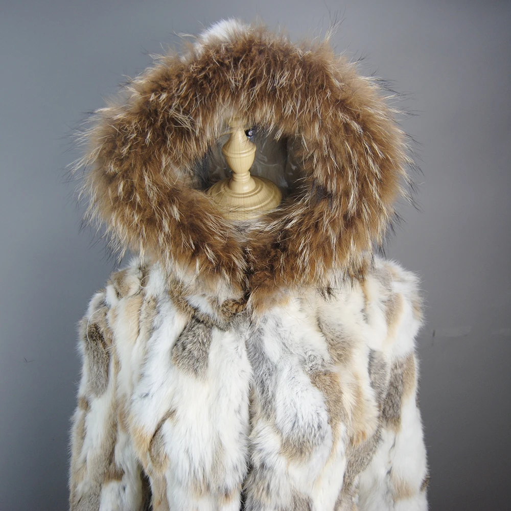 Dame hiver à capuche réel manteau de fourrure naturel chaud veste de fourrure de lapin avec col de fourrure de raton laveur femmes 100% véritable fourrure de lapin vêtements d'extérieur