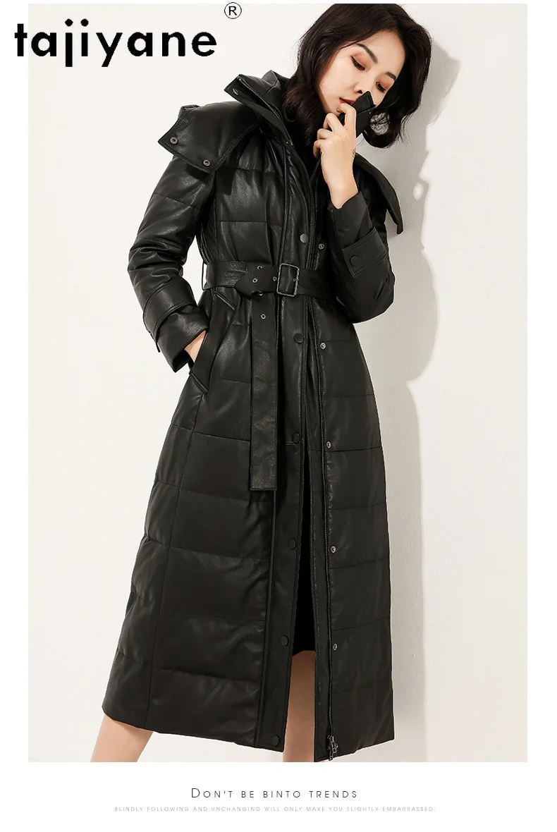 TAJIYANE 100% Prawdziwa Skóra Owcza Płaszcz Puchowy Damski Skórzana Długa Kurtka Puchowa z Kapturem Nowość na Zimę 2025 Odzież Damska
