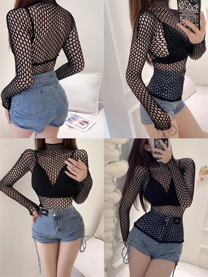 Gothic Sexy Black Fishnet Mesh See Through T-Shirt Women Skinny Goth Hollow Out Long Sleeve Shirts Crop Top Tee Shirt Streetwear