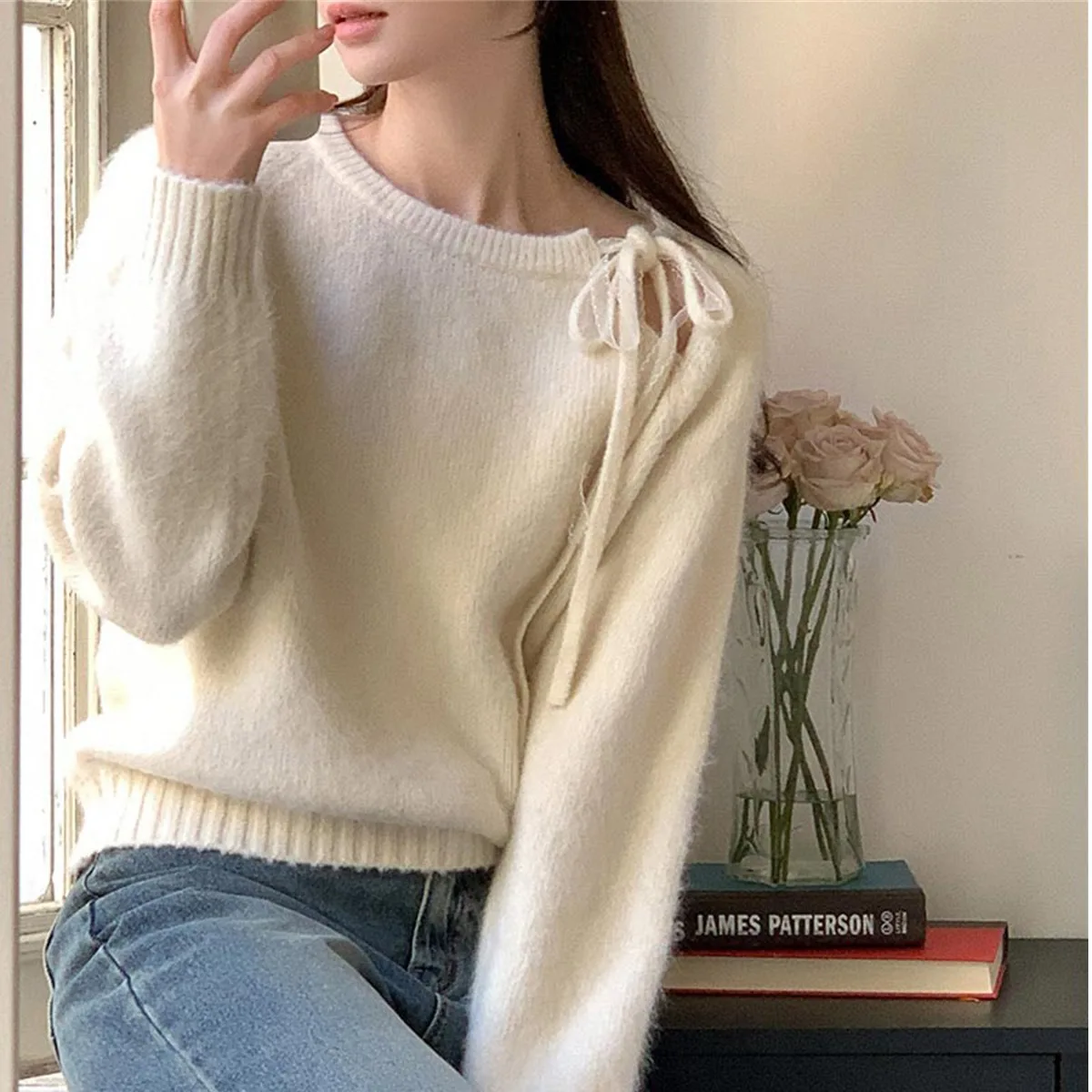 

Стильный женский вязаный свитер с длинным рукавом и круглым вырезом, с бантом, однотонный, базовый слой, повседневный, мягкий, из полиэстера, для осени и зимы