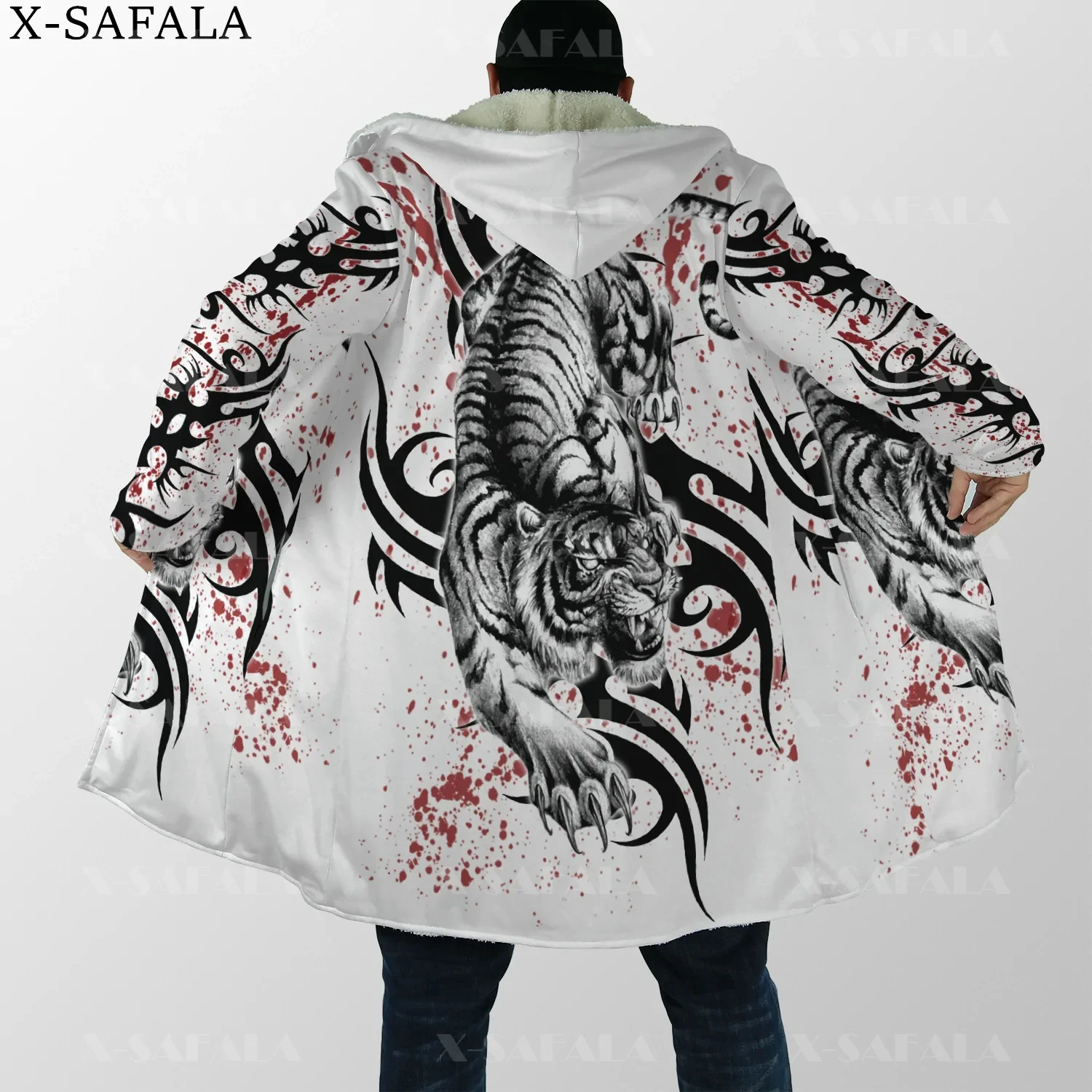 Thick Warm Hooded Cloak Men Tattoo Viking Tiger/Wolf/Bear/ Lion Overcoat Coat  Print Windproof Fleece Cape Robe Hooded Blanket-3