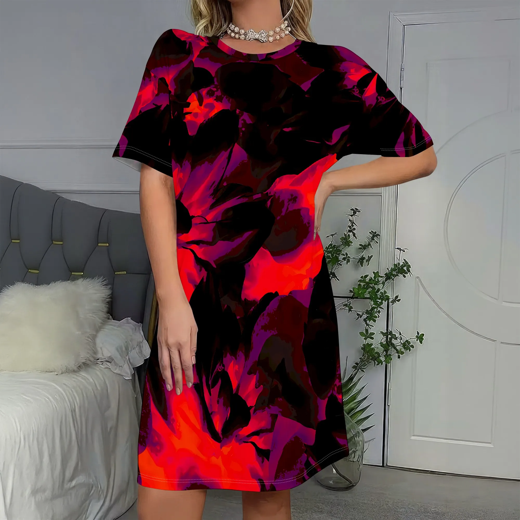 

Abstract Red Black Print, Short Sleeve Dress, Casual Summer Tunic, Loose Fit Shift Dress for Women, S-2XL