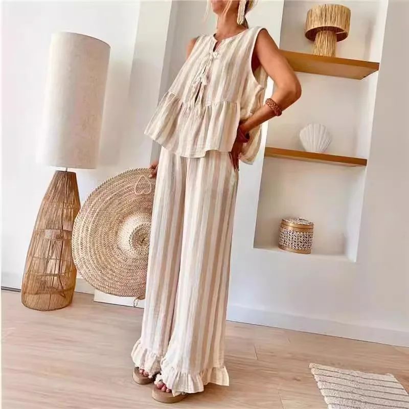 

Pant Set Women Two Piece Sets Matching Sets Sleeveless Loose Casual Ruffles Tops Lace Up Wide Leg Long Pants Striped High Waist