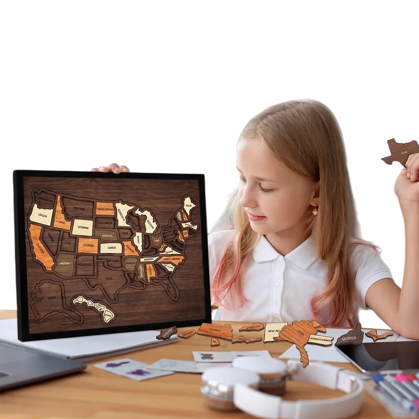 USA Travel Map Reusable Interactive Geography Learning Toy Multi-Purpose Portable Wooden Puzzle for Couples And Families Gift
