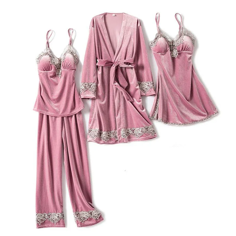 

Velour Autumn Kimono Robe Gown Sleepwear Intimate Lingerie Lace 4PCS Homewear Sleep Set Nightwear Negligee Warm Home Clothing