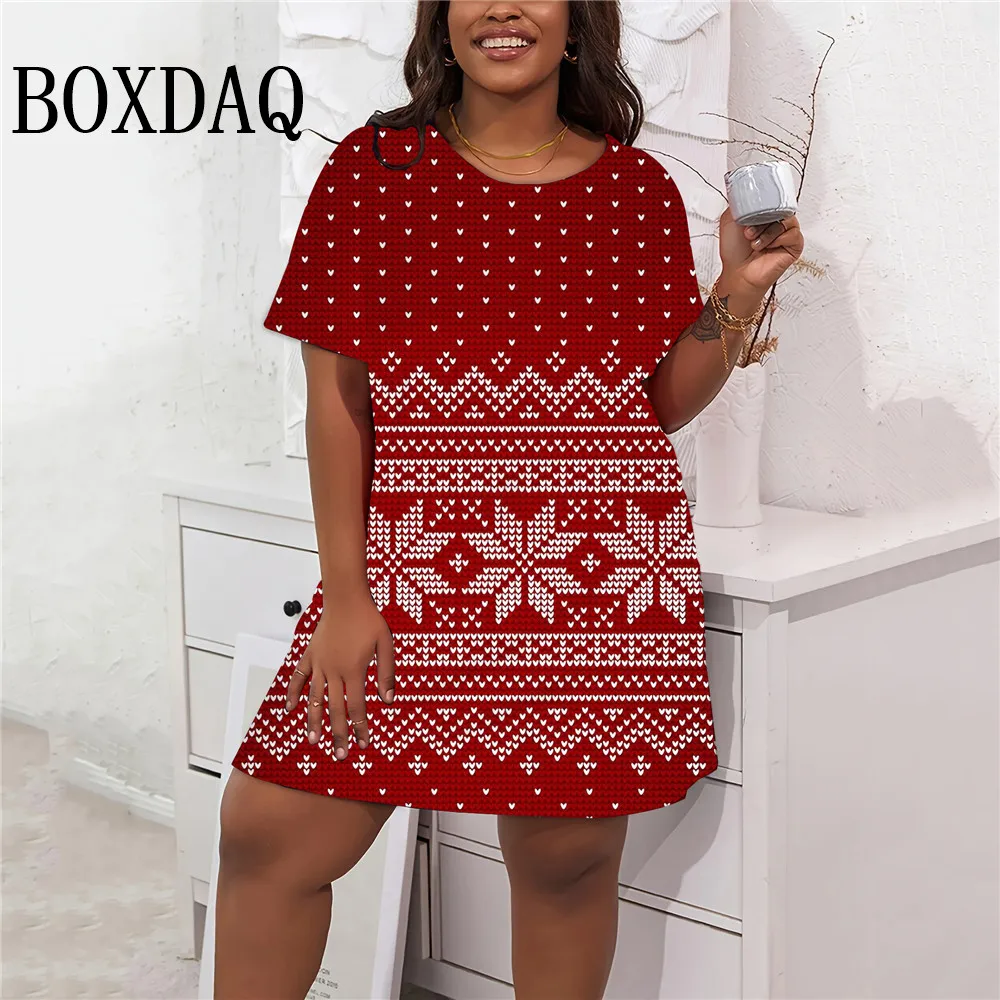 Snowflake Print Christmas Party Women\'s Dresses Casual Short Sleeve Elegant Ladies Xmas Dress Winter Plus Size Fashion Clothing