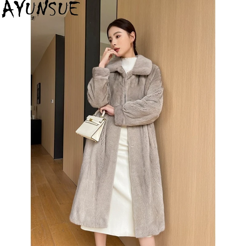 AYUNSUE Lila Label Samt Pelzmantel Frau Luxus 2025, Winter Mäntel für Frau Lange Volle Nerz Pelz Jacke frauen Kleidung manteau