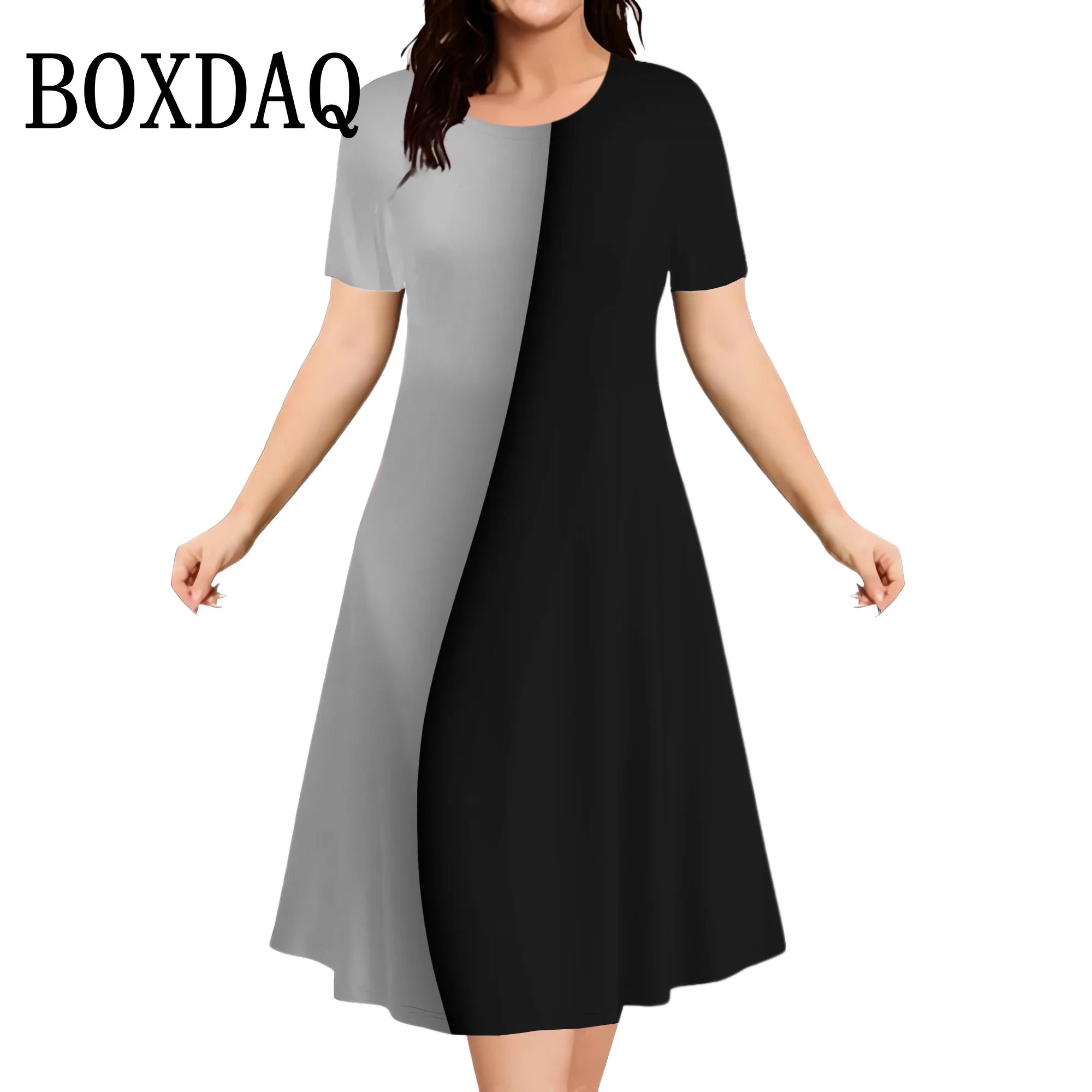 

2025 Summer Women Dress Fashion Plus Size Short Sleeve Dress Black White Contrast Color Loose A-Line Dress Big Size 9XL Clothing