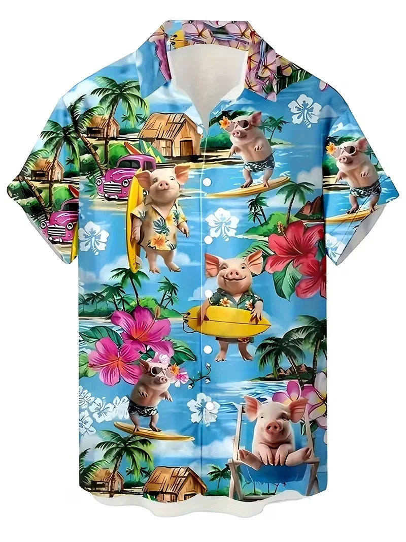 

Мужская гавайская рубашка с 3D-принтом «Серфирующие свиньи» и тропическим узором, яркая, с коротким рукавом, повседневная, в стиле «Алоха», стандартный крой, для пляжа