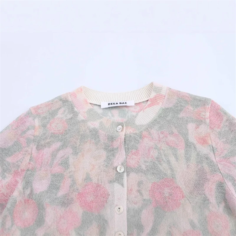 Suéter de punto con estampado Floral y cuello redondo minimalista para mujer, cárdigans folclóricos indios Vintage franceses, Tops para mujer, novedad de 2025