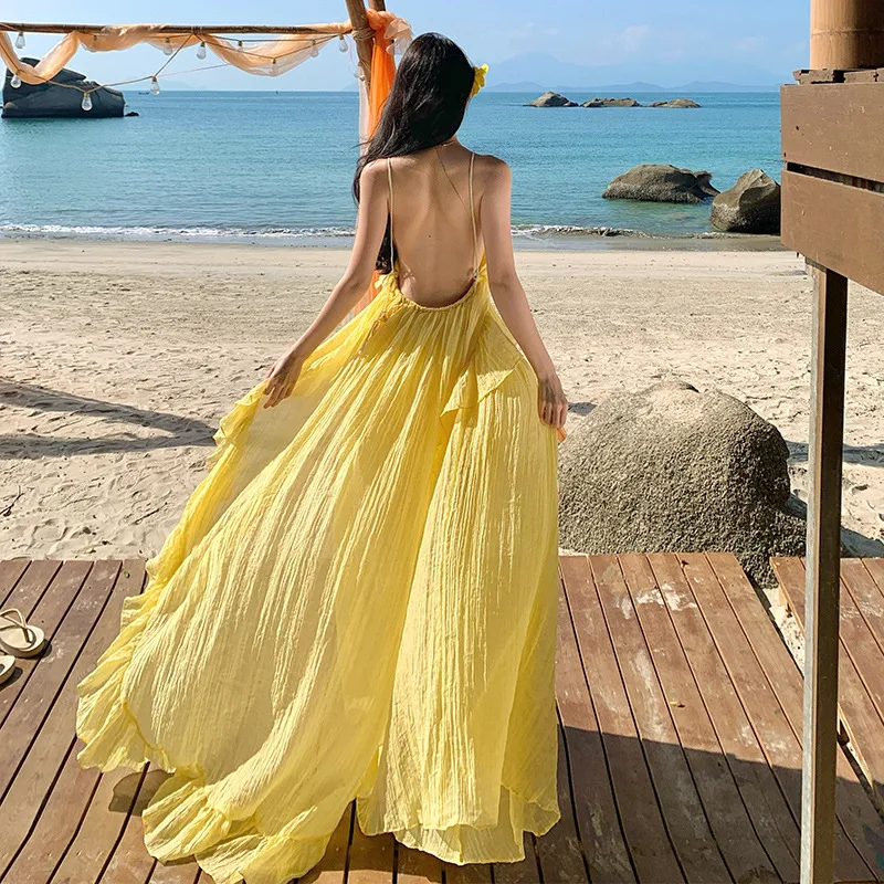 

2026 Summer New Hot Selling Thin Shoulder Strap V Collar Bright Solid Color Seaside Vacation Style Long Dress for Women