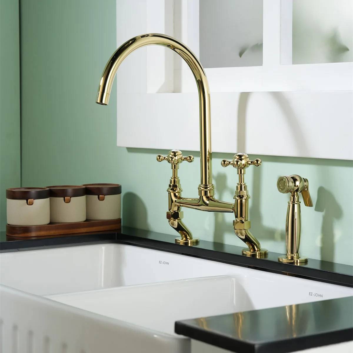 

ZC1- Brass French retro bridge Kitchen Faucet, hot and cold double-hole rotatable sink faucet, ceramic