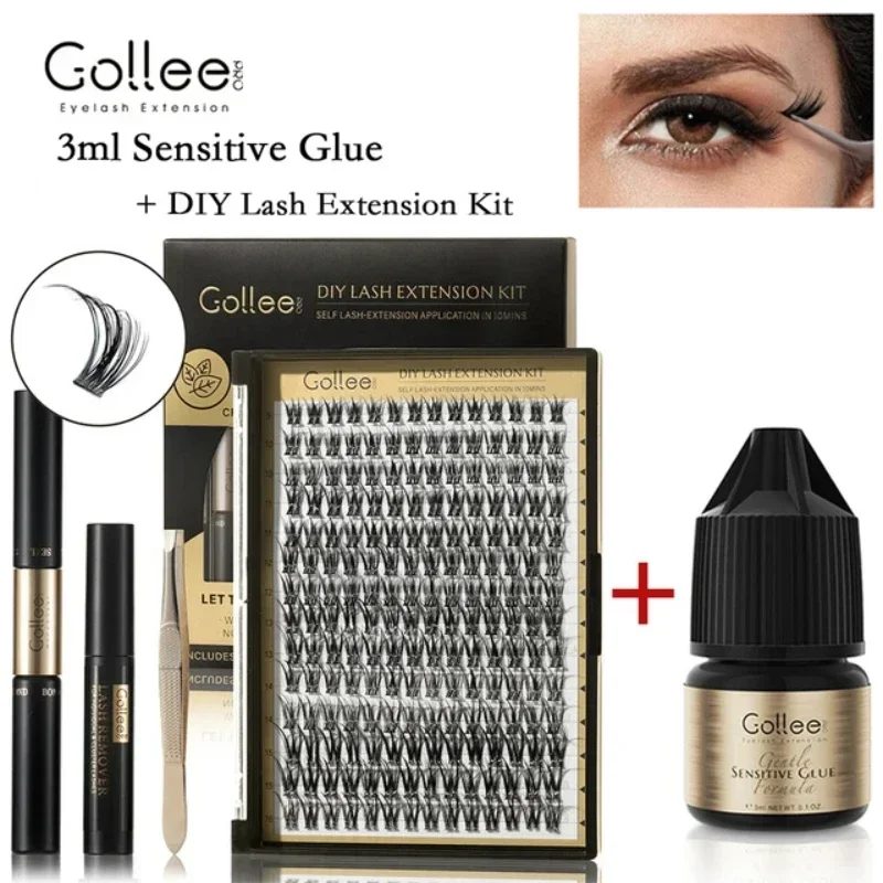 Gollee Self-Adhesive Eyelash Glue Lash 168 Clusters DIY 2in1 Adhesive Seal Cluster Eyelashes with Tweezers Remover Eyelash Tool