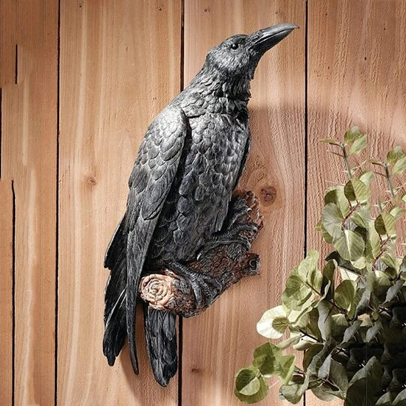 Estatua de resina de cuervo falso, escultura de cuervo de pájaro, cuervos al aire libre, decoración de Halloween creativa para jardín, patio, decoración de animales