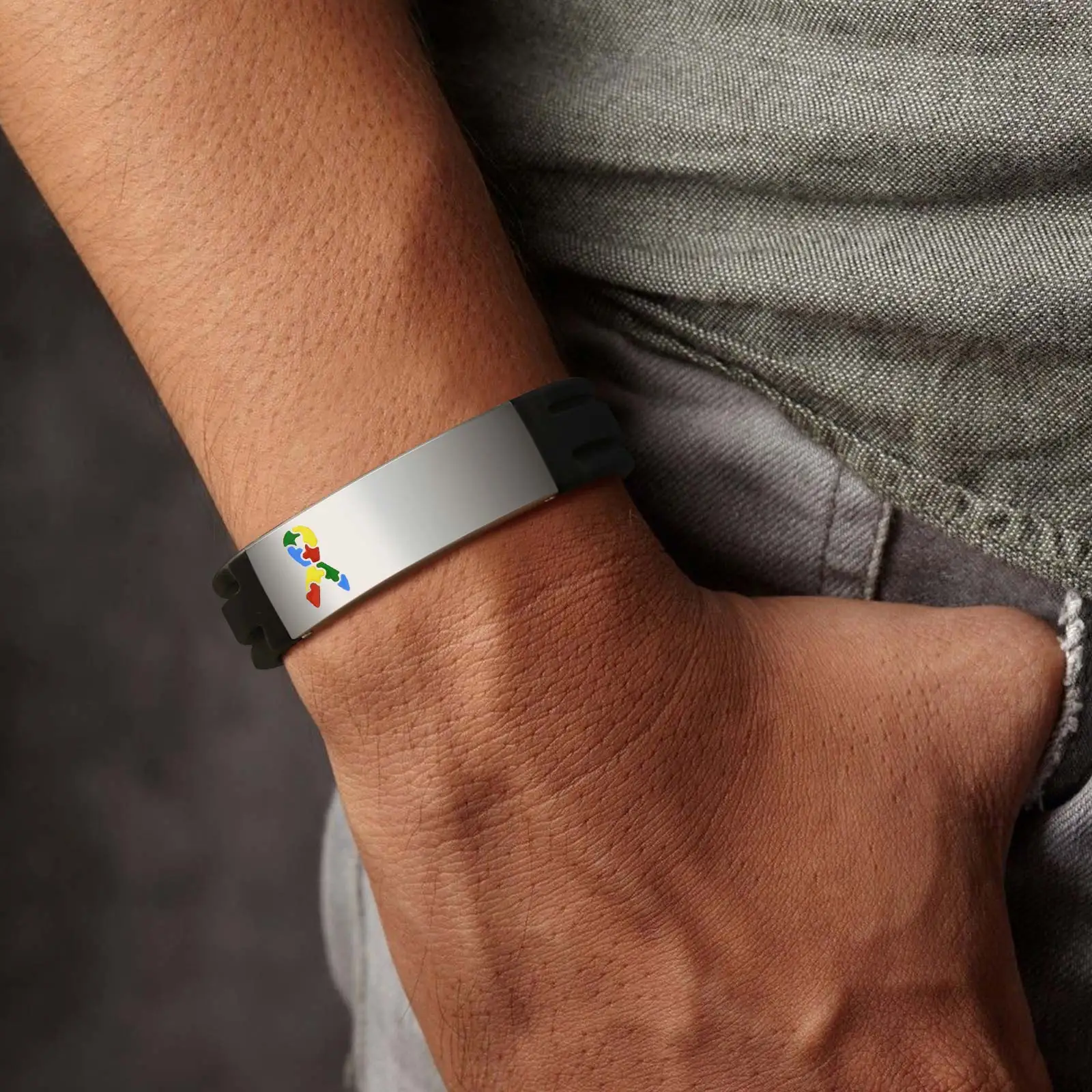 Mprainbow Wide Autism ID Bracelets for Men Boys,Free Customize Black Silicone Band Wristband,Add ICE Emergency Contact