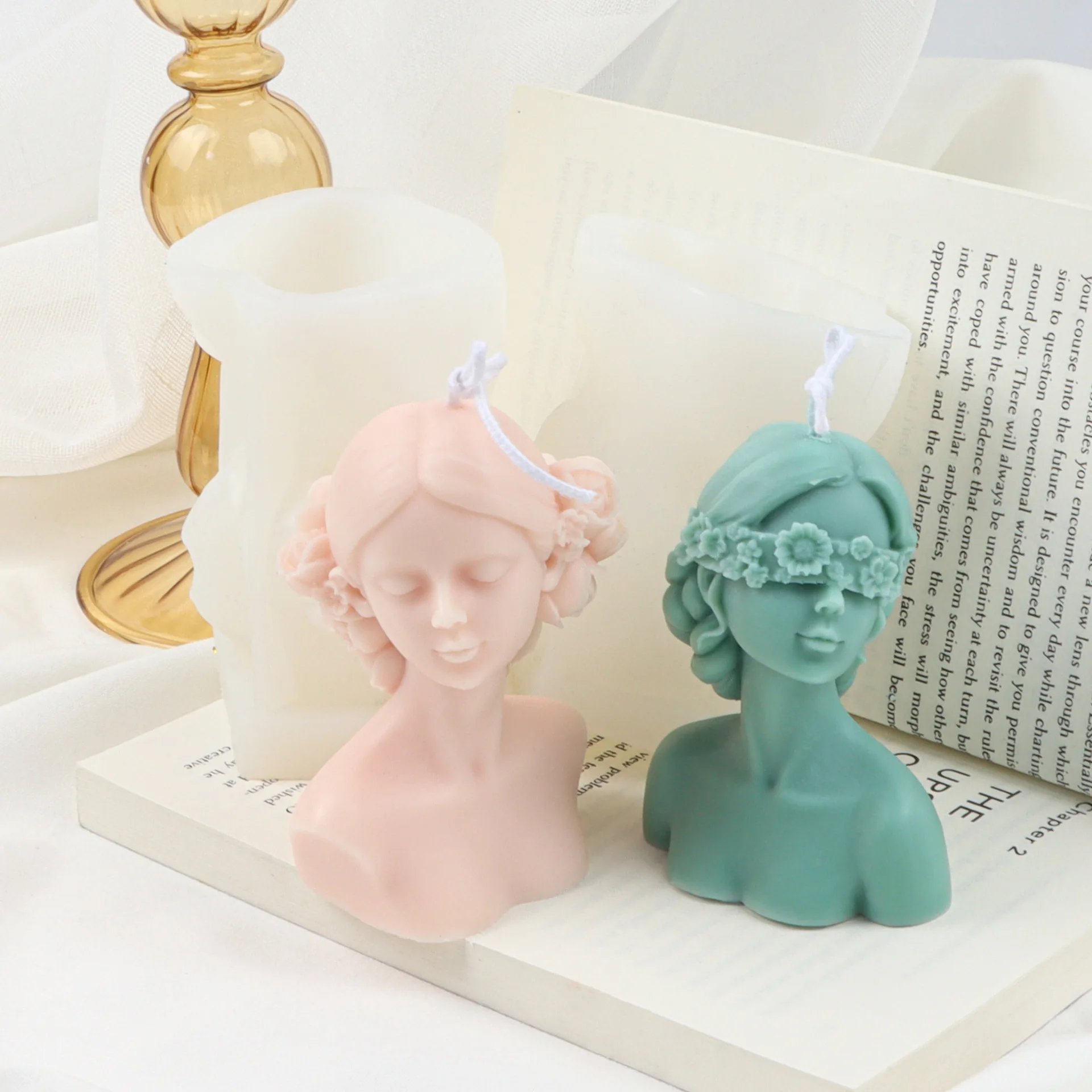 Blinded Braid Girl Silicone Candle Mold Closed Eyes Flower Half Body Beauty Aromatherapy Resin Mold Home Decoration Ornaments