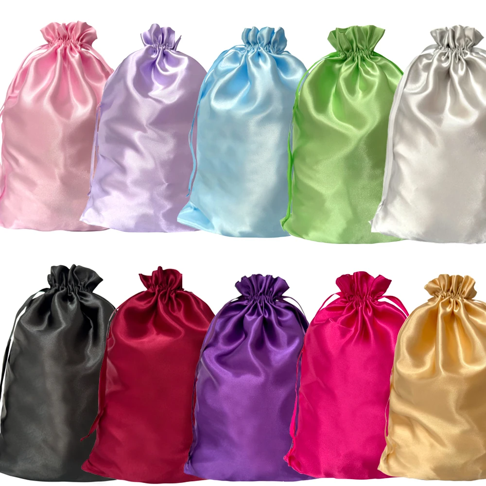 Wig Bags 5Pcs Hair Extensions Bags With Drawstring Soft Silky Satin Wig Bag Pack Black Pink Gold Hair Wig Packaging Bags 35*25cm view 2
