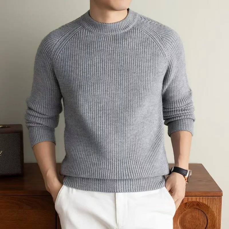 2026 Slim Fit Men's Grey Sweater with Waist-Cinching Stripe Knitted Long Sleeve Casual Warm Thickened American Style Inner Shirt