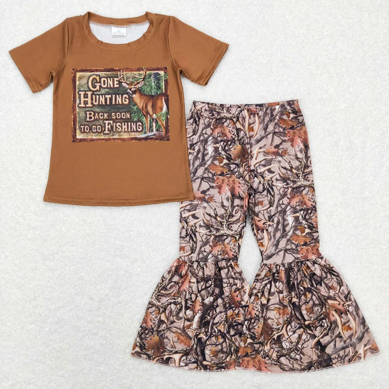 

Wholesale Children Baby Girls Clothing Set Short Sleeves Deer T-shirt Camo Bells Pants Toddler Outfit Boutique Clothing