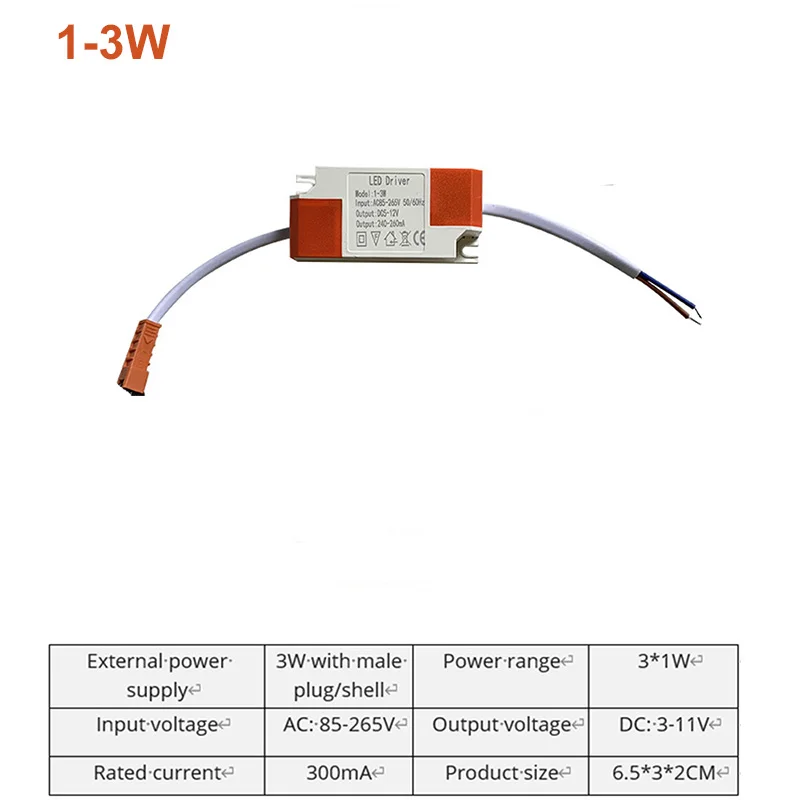 Controlador de corriente constante LED, 85-265V, 1-3W, 4-7W, 8-24W, 24-36W, salida de fuente de alimentación de 300mA, unidad externa para luz descendente LED